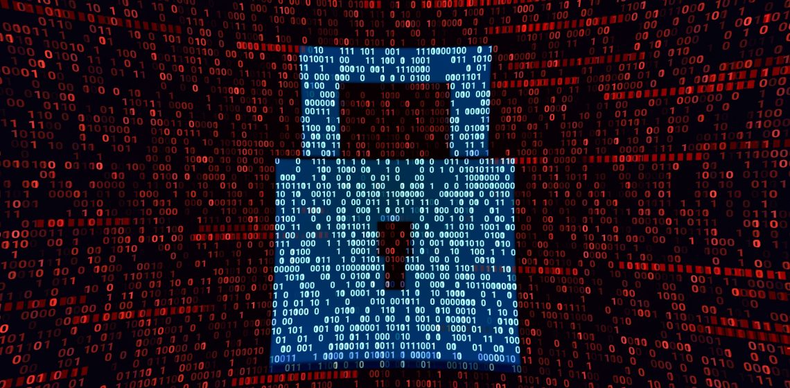 Fully protection pad lock symbol in binary coding cyberspace, abstract cybersecurity safety, hardware firewall technology 3d illustration